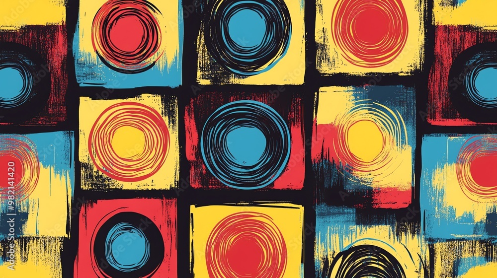 Poster abstract geometric pattern with bold colors and textures.