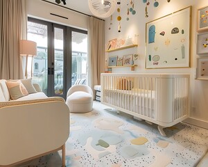 A modern nursery with a crib changing table and playful decor all in soft pastel colors