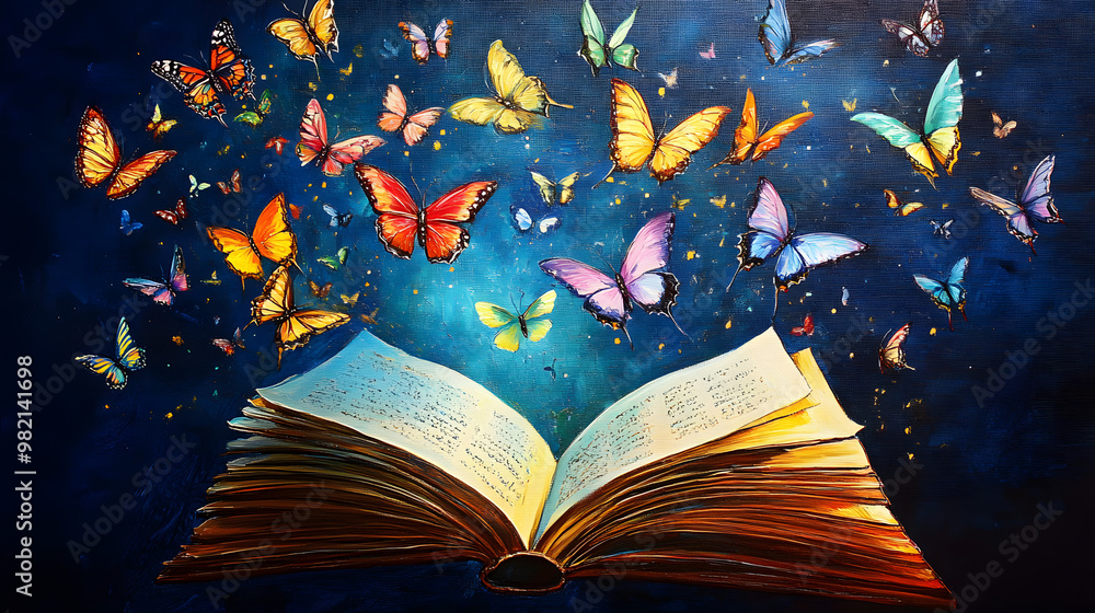 Sticker An open book with colorful butterflies flying out of it, creating an enchanting and magical atmosphere. The background is dark blue, adding depth to the scene. This painting symbolizes knowledge, crea