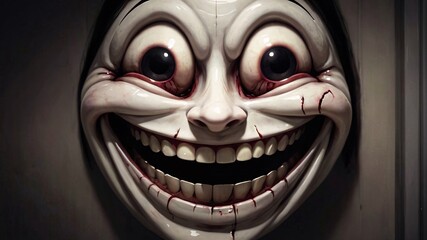 Close-up of a white, grotesque mask with a wide, toothy grin and bloodstains.