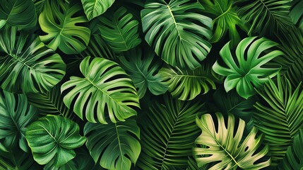 A lush arrangement of tropical leaves, various shades of green.