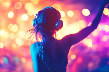 A girl dancing energetically in a vibrant room with colorful lights and a lively atmosphere amplifying their enjoyment