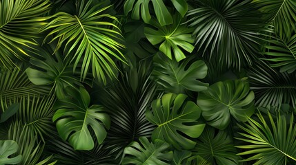 Lush green tropical leaves arranged as a background.