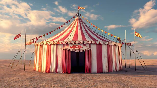 Classic Circus Tent with Red and White Stripes Set Up Outdoors on a Sunny Day