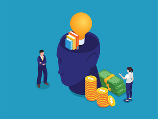 Business concepts illustrating growth through knowledge and finance in a creative design featuring a light bulb and stacks of money 3d isometric vector illustration