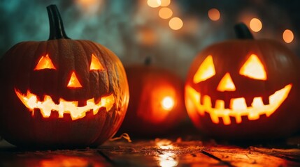 Fototapeta premium A row of pumpkins with their faces lit up, creating a spooky atmosphere