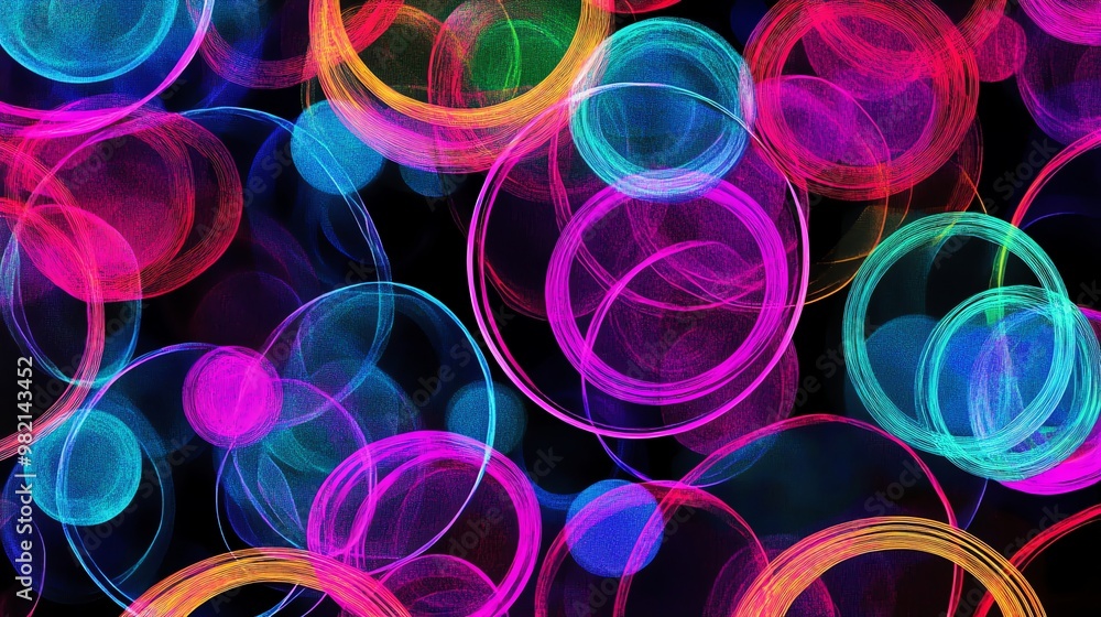 Poster abstract background with colorful glowing circles on a black background.