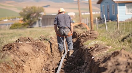 Fototapeta premium Construction worker walking along a trench
