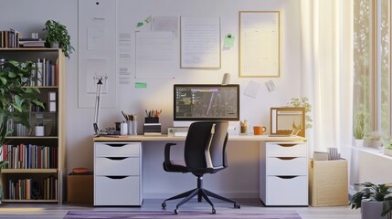 A white desk with a computer and a chair