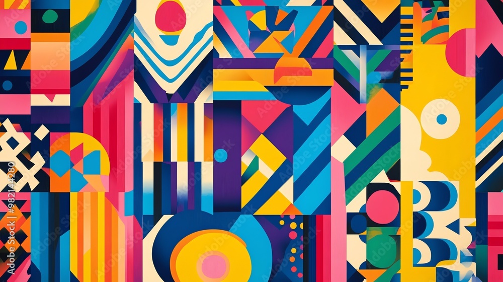 Poster abstract colorful geometric pattern with bold lines and shapes.