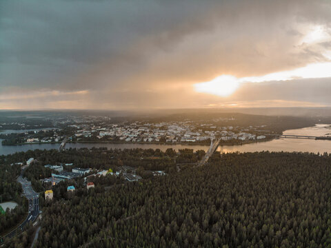 Aerial view from Ounasvaara with the city of Rovaniemi during midnight sun & summer solstice