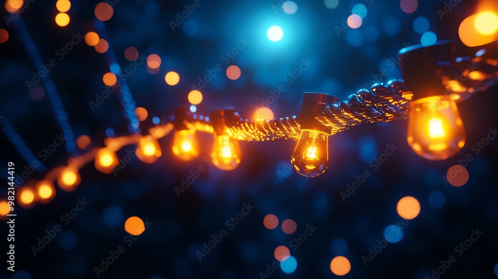 Poster vibrant illuminated bulbs on a string create a magical atmosphere against a blurred blue background.