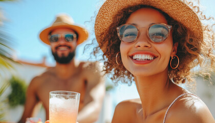 Happy woman smiling with cocktail on vacation with boyfriend