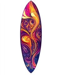 A vibrant surfboard design featuring swirling patterns in warm colors.