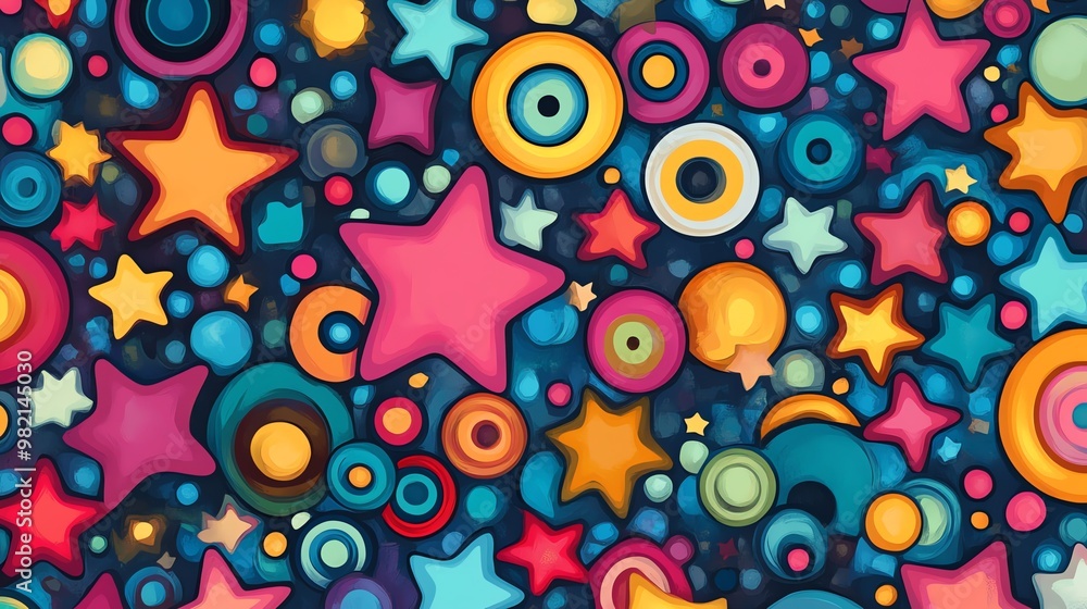 Poster colorful abstract pattern with stars and circles.