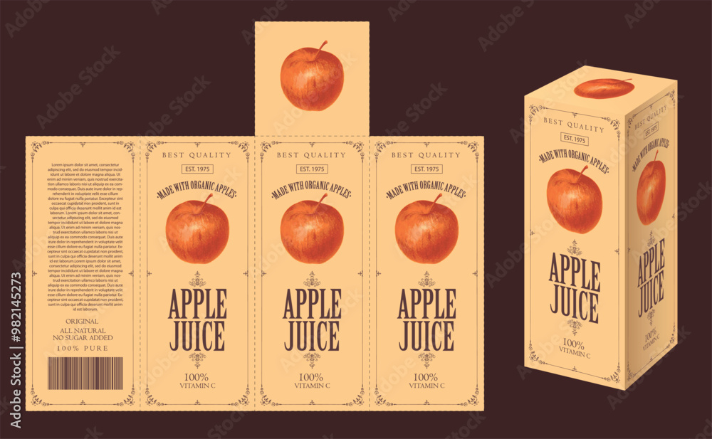 Poster vector mockup template of cardboard packaging box for apple juice with realistic pattern of apple in