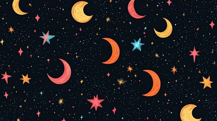 A seamless pattern of hand-drawn moons and stars against a dark background.