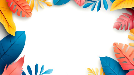 Colorful leaves frame a blank space, perfect for invitations or announcements. A vibrant, tropical design with a modern touch.