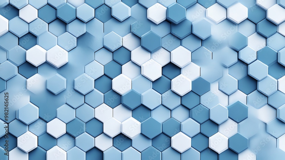 Poster abstract geometric pattern with blue and white hexagons in a 3d perspective.