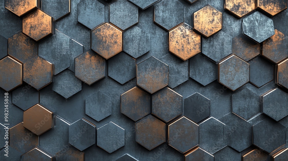 Poster abstract pattern of hexagonal metal tiles with a weathered copper finish.