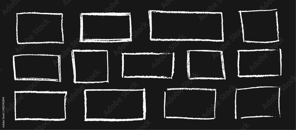 Poster set of white chalk hand drawn frames. collection of writing on black board by children rectangular a