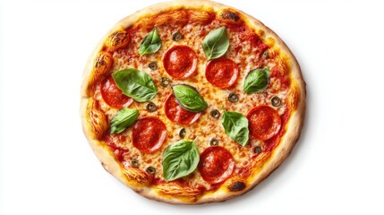 A pizza with pepperoni and basil on top