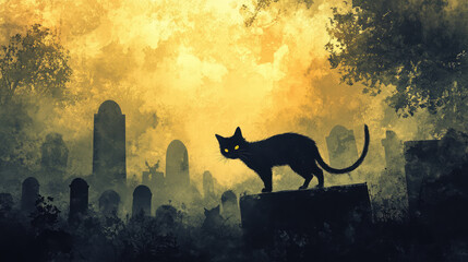 A black cat is standing on a grave stone in a cemetery