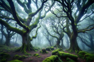 Moss-covered trees in foggy forest with sunlight