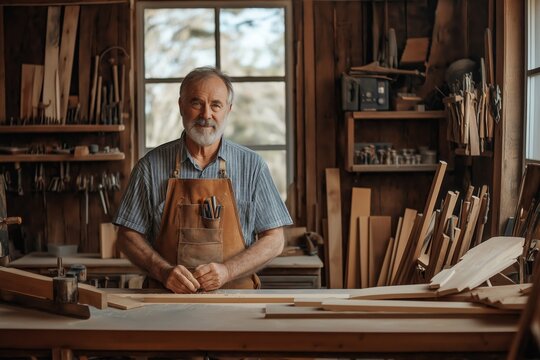 An experienced senior carpenter standing proudly in his woodshop, wearing an apron with tools, surrounded by wooden materials and equipment, symbolizing years of craftsmanship and dedication