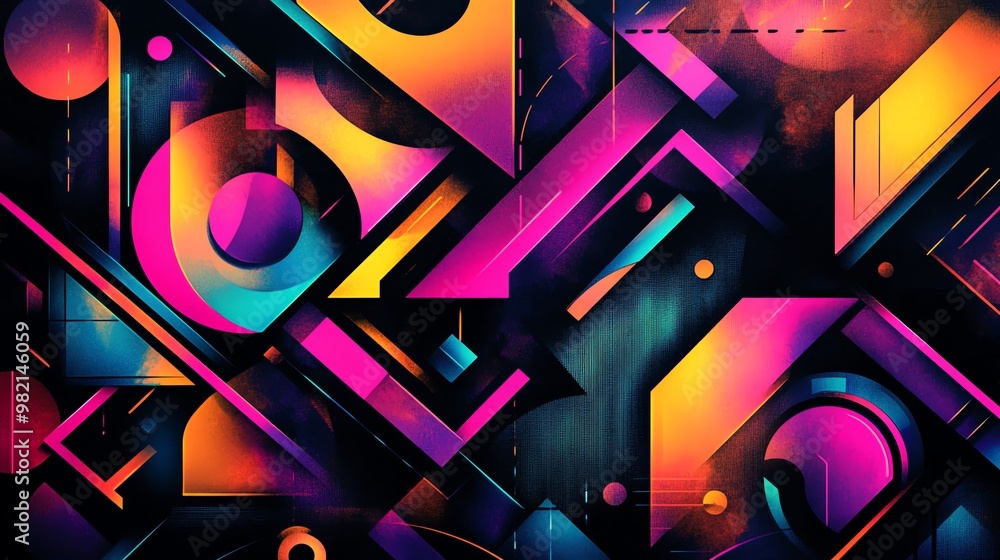 Poster abstract geometric pattern with vibrant colors on a dark background.