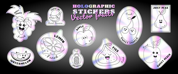 A set of fruit holographic stickers for tags, design layouts.A collection of vector fruits holographic stickers with a vivid effect. Bananas, apple, grapes, figs.
