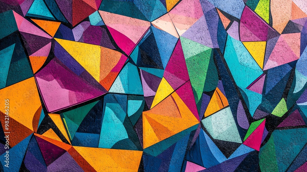 Poster a colorful abstract geometric pattern with a variety of brightly colored triangles.