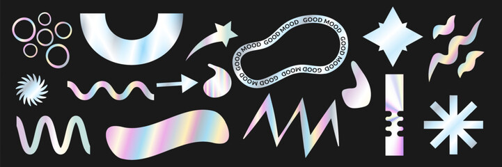 A silver sticker with a hologram and a metal foil texture. A set of colorful luminous stickers with a holographic effect.