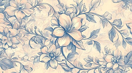 Vintage floral pattern with blue leaves and flowers on a pastel background.
