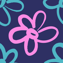 Naive playful seamless pattern with doodle Daisy in Pink and Blue colors. Contemporary minimalistic trendy background for kids. Floral chamomile pattern in boho style.