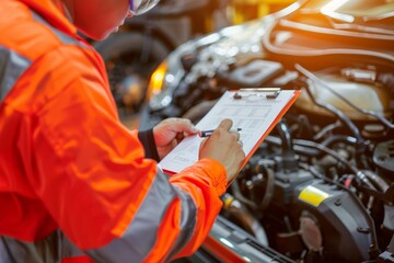 Mechanic creating job checklist while inspecting engine and assessing repair needs in garage