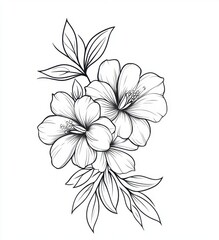 Obraz premium A black and white drawing of three flowers with green leaves