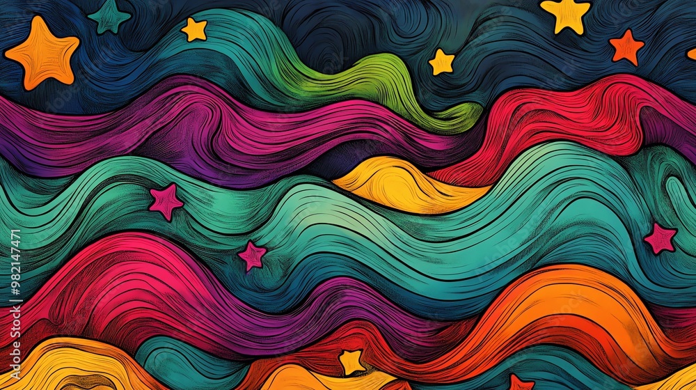 Poster abstract colorful wavy pattern with stars.