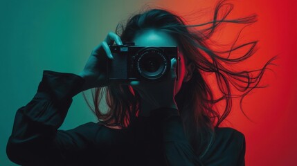 A woman is holding a camera and looking through the viewfinder