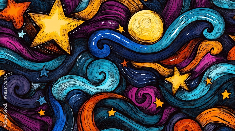 Poster abstract colorful pattern with swirling lines and stars.