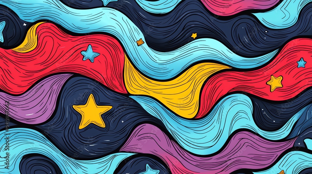 Poster abstract colorful wavy pattern with stars on a dark background.