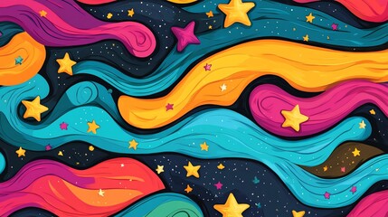 Abstract colorful background with wavy lines and stars.