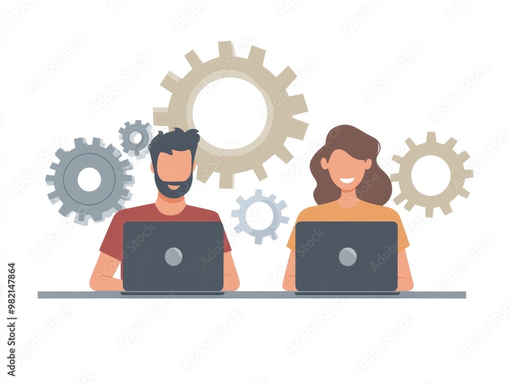 Poster collaborative problem solving a man and a woman in an office setting using laptops against a backdro