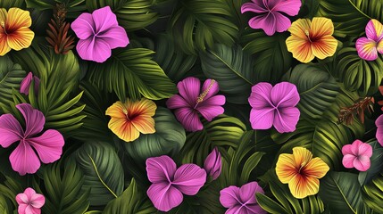 A vibrant tropical pattern with pink and yellow hibiscus flowers amidst lush green leaves.