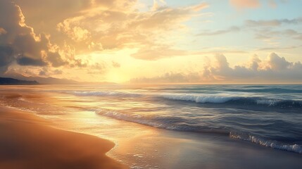 Golden Sunset Over a Calm Ocean Beach