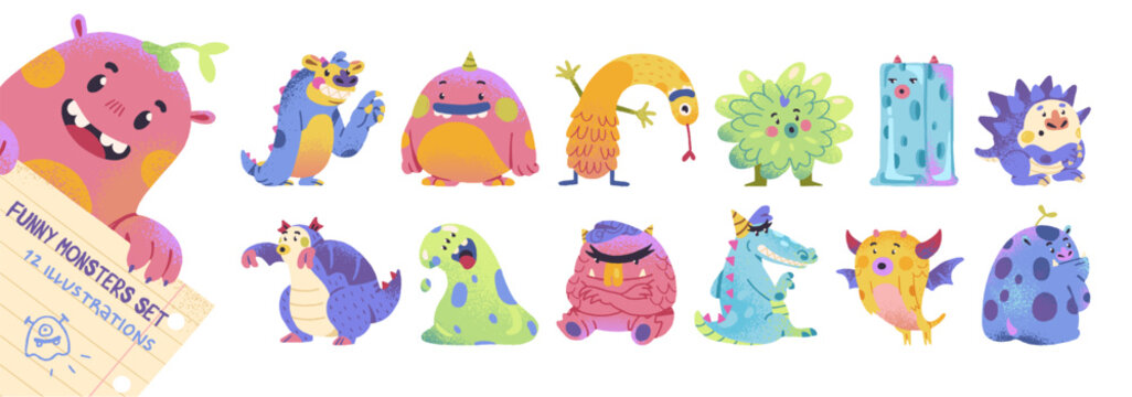 Funny monsters set. Happy kids aliens boo. Cute Halloween characters with wings, horns. Different scary mascots, amusing childish nightmares. Flat isolated vector illustrations on white background