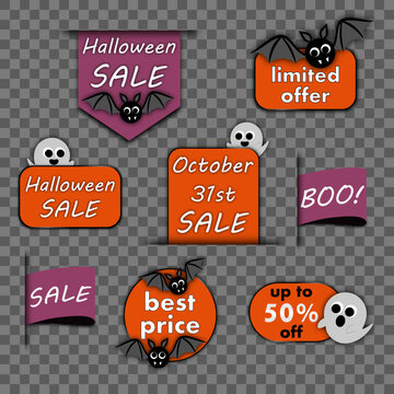 halloween sale, set of discount tegs, stickers, labels with very cute ghosts and round bats, to promote purchases in the autumn season. modern bright vector illustration en purple and pumpkin tones