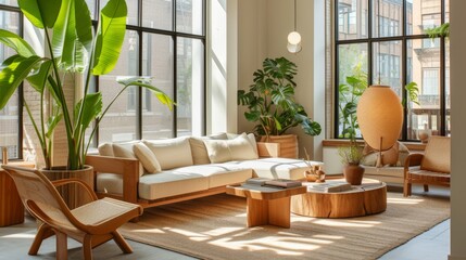 Modern Minimalist Living Room with Natural Light and Tropical Plants