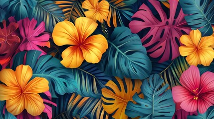Colorful tropical flowers and leaves in a vibrant, jungle-inspired pattern.