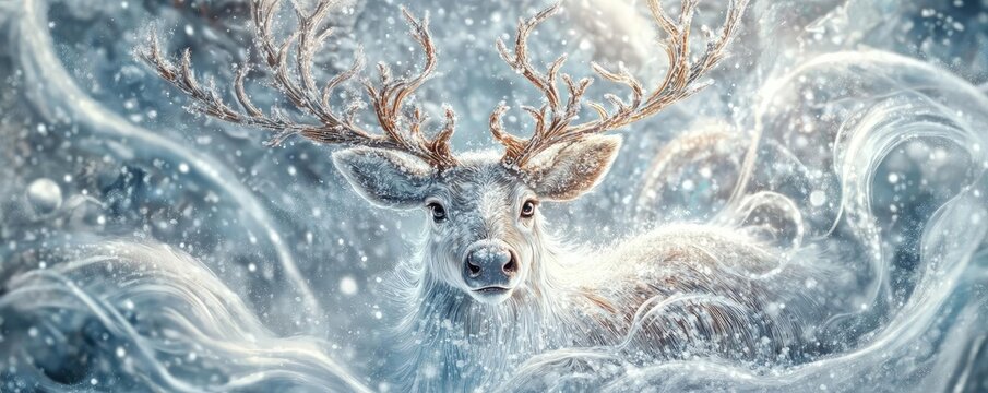 A majestic deer emerges through swirling snow, embodying the beauty and tranquility of a winter wonderland.